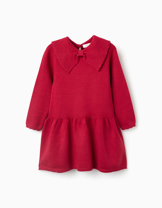 Knitted dress with bow collar for girls, red