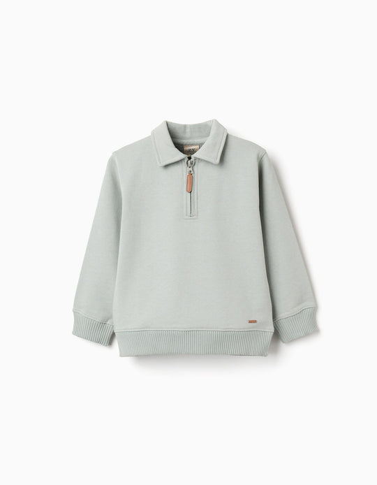 Brushed sweatshirt with polo collar for boys, green