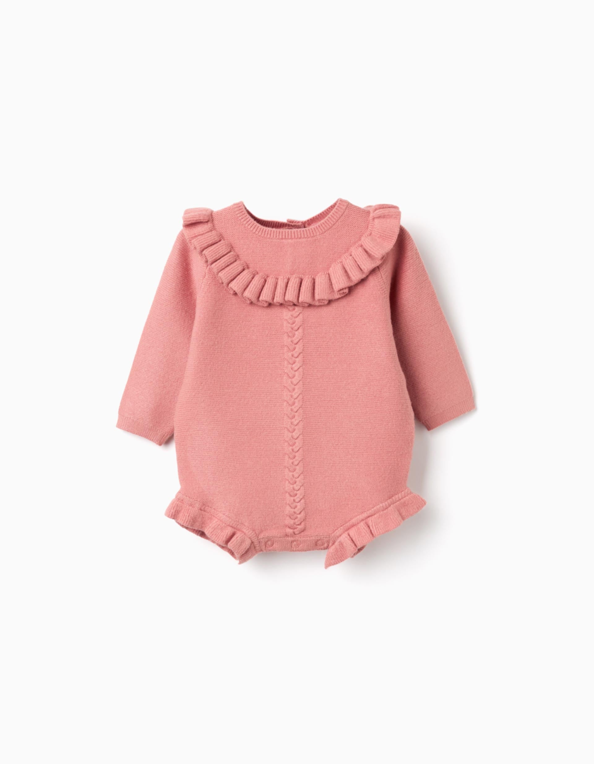 Knitted jumpsuit with ruffled details for newborn girls, pink | Ziddy KSA
