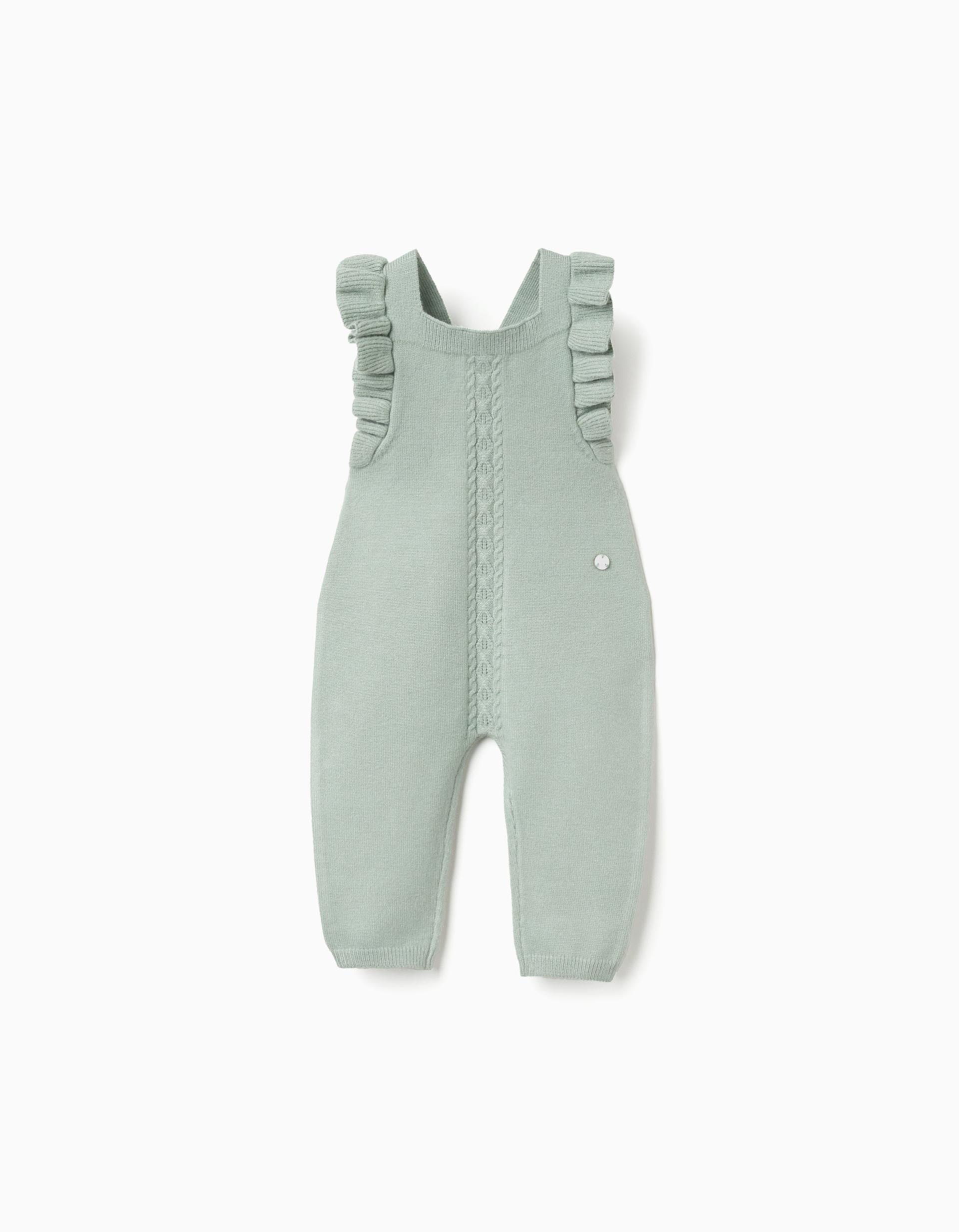 Knitted jumpsuit with ruffles for newborn girls, light green | Ziddy KSA