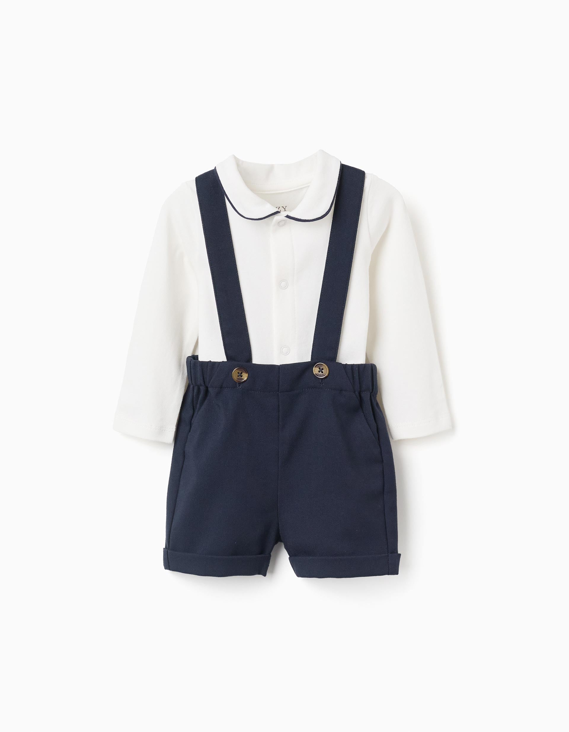 Cotton bodysuit + twill shorts B&S for newborn boys, white/dark blue | Ziddy KSA