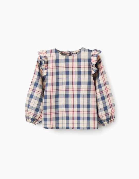 Checked Cotton Blouse for Girls 'B&S', Beige/Blue/Red