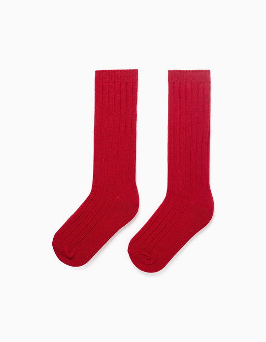Ribbed high socks for boys, red