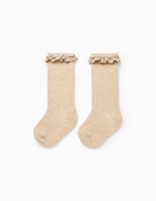 Ribbed High Socks with Crochet for Baby Girls, Beige