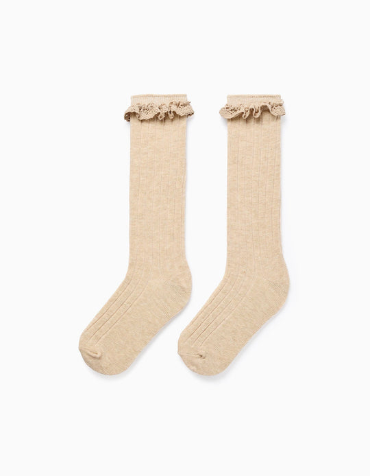 Ribbed High Socks with Crochet for Girls, Beige