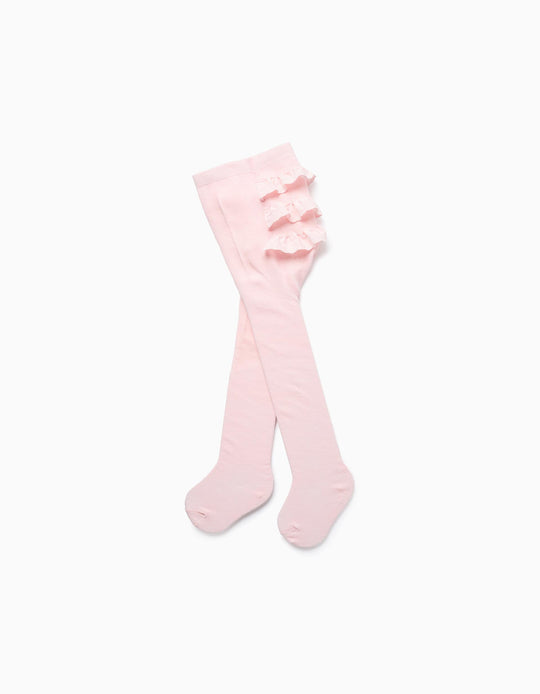 Frill Tights With Broderie Anglaise For Baby Girls, Light Pink