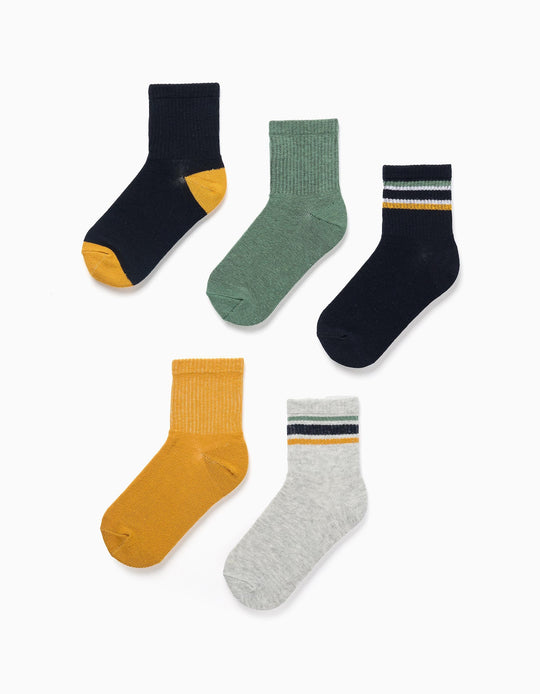 Pack of 5 Pairs of Plain/Striped Ribbed Socks for Boys, Multicolour