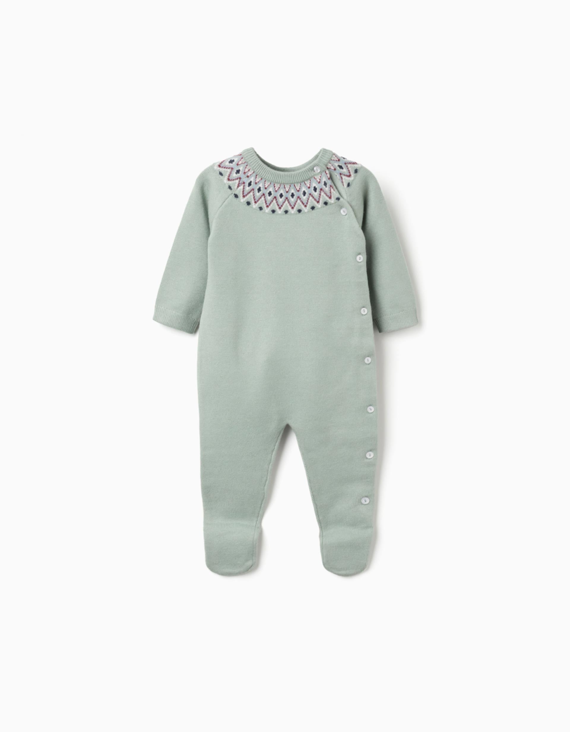 Knitted babygrow with jacquard for newborn boys, green | Ziddy KSA