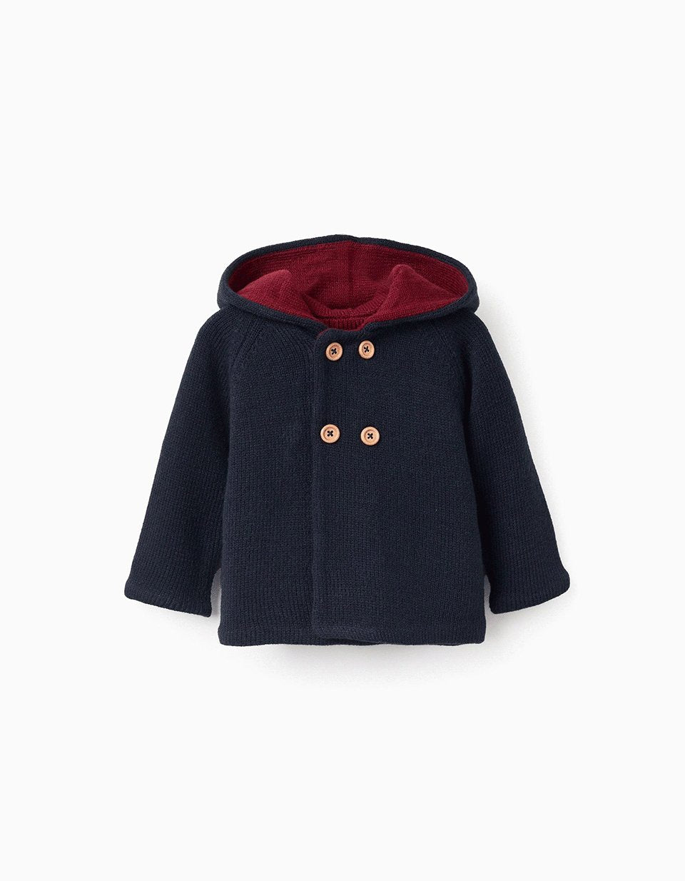 Reversible knitted jacket with hood for newborn boys, blue/red | Ziddy KSA