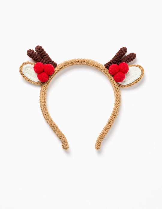 Knitted Headband with Pompoms for Babies and Girls 'Reindeer', Camel