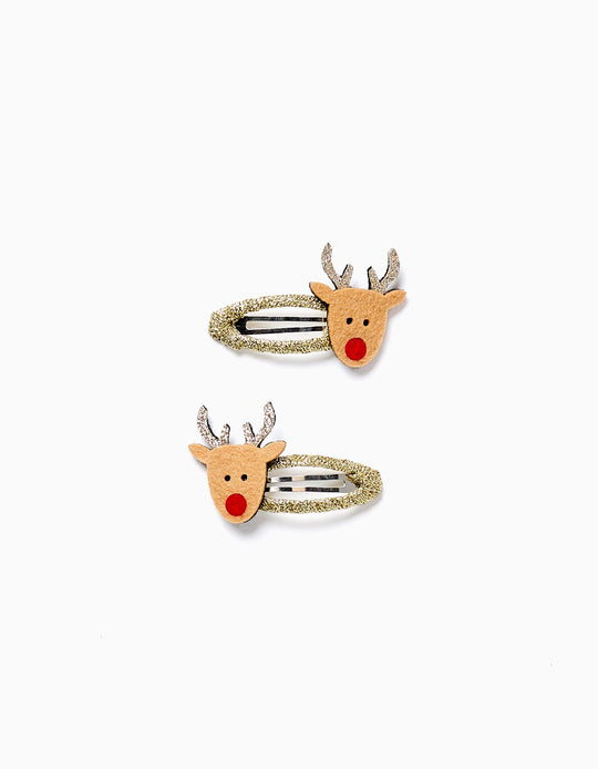 Pack of 2 Glitter Christmas Hair Pins for Babies and Girls 'Reindeer', Gold
