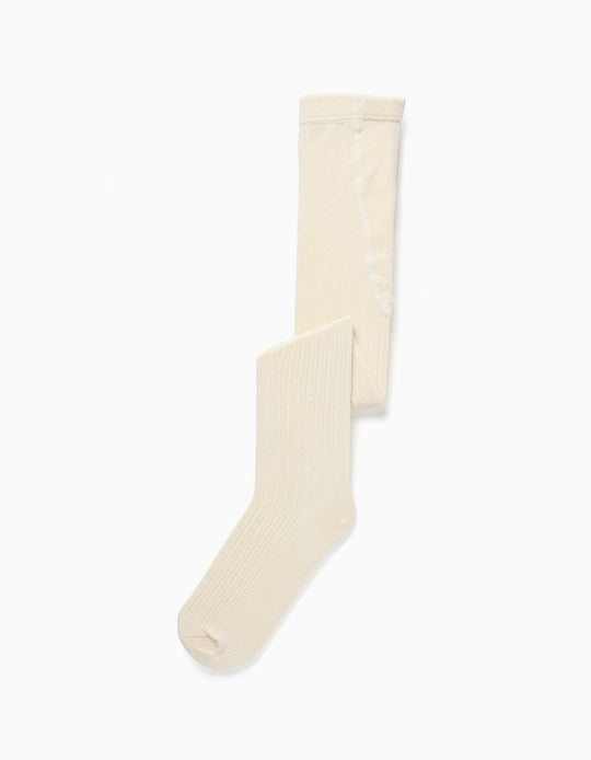 Anti-pilling ribbed knitted tights for girls, light beige