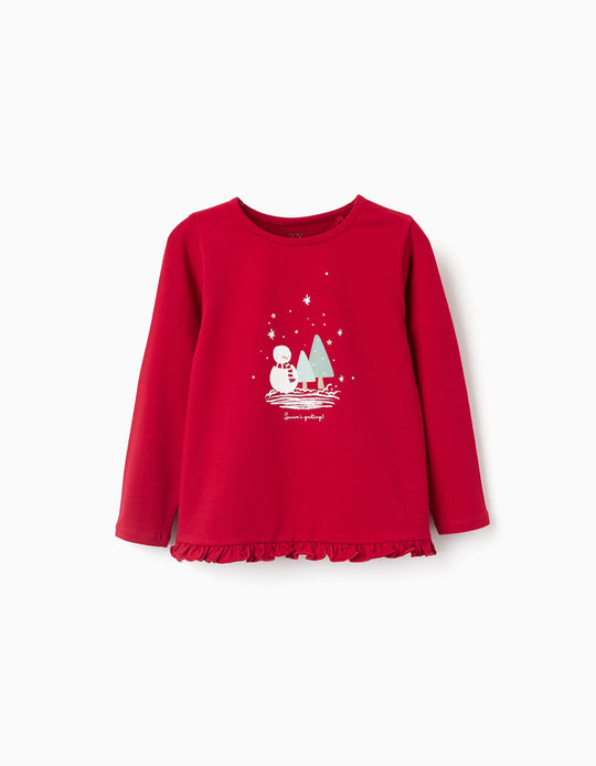 Long sleeve T-shirt with snowman print and ruffles for girls, red