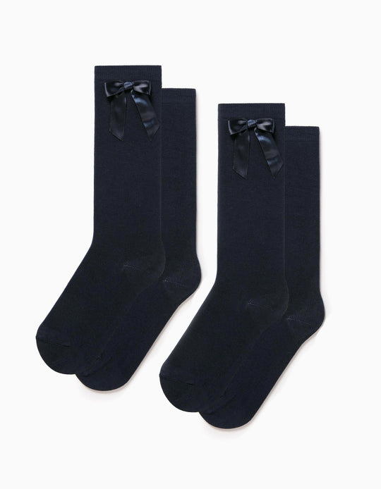 Pack Of 2 Knee-High Socks With Bow For Girls, Dark Blue