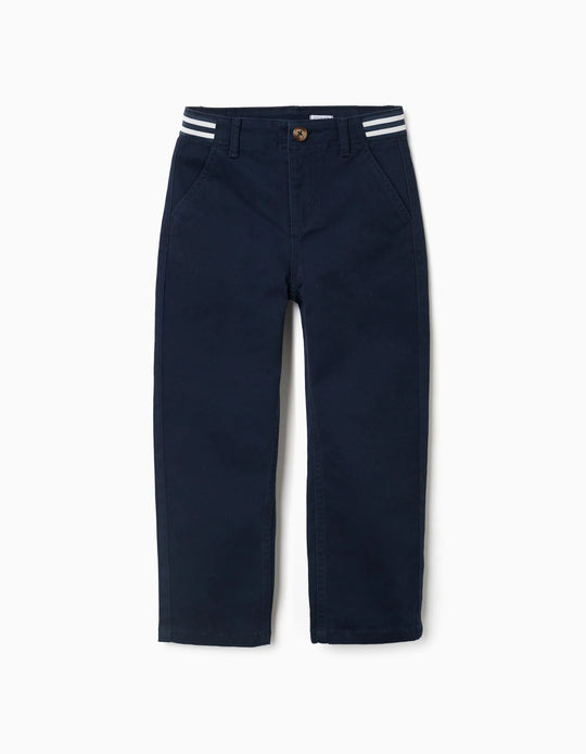 Slim fit twill chino trousers with striped tape for boys, dark blue