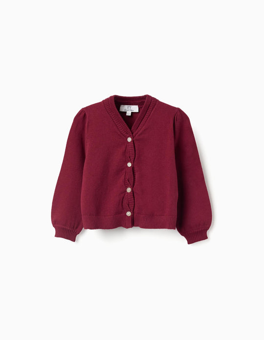 Knitted cardigan with braided details for baby girls, dark red