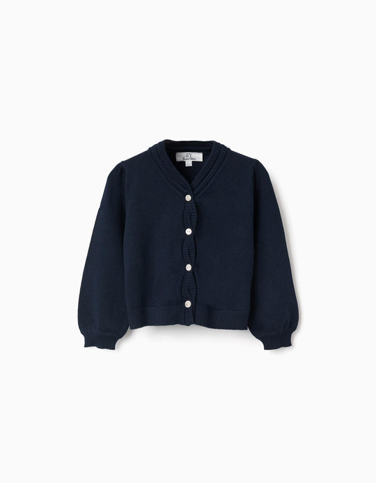 Knitted cardigan with braided details for baby girls, dark blue