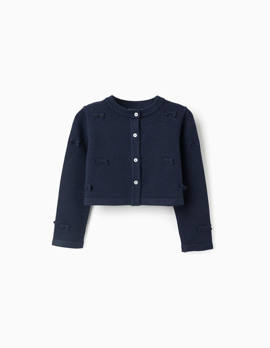 Cropped knitted cardigan with bows for girls  dark blue