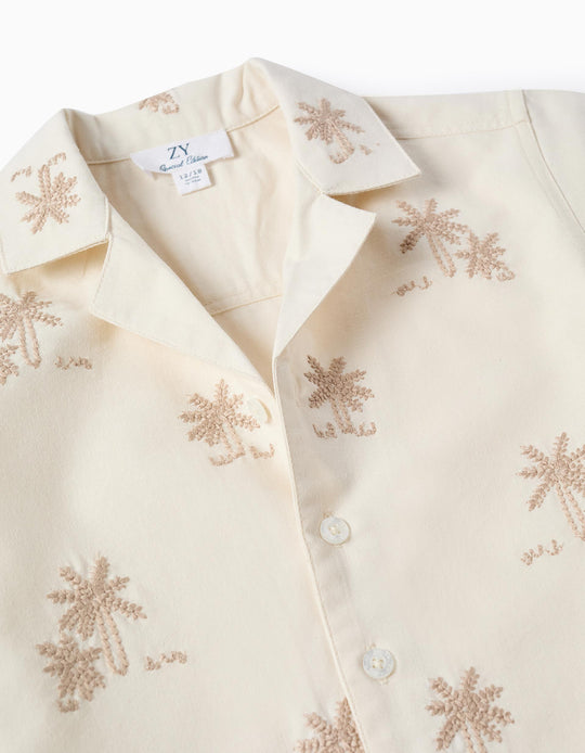 Cotton shirt with embroidered palm trees for baby boys  light beige