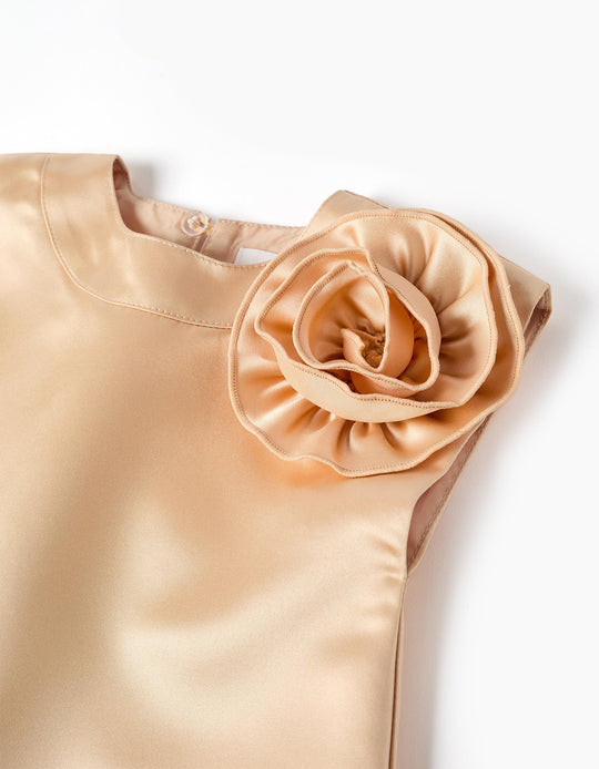 Long satin dress with flower appliqué and lining for baby girls  golden