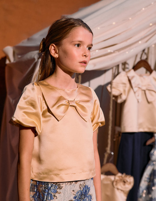Short sleeve satin blouse with bow for girls  golden