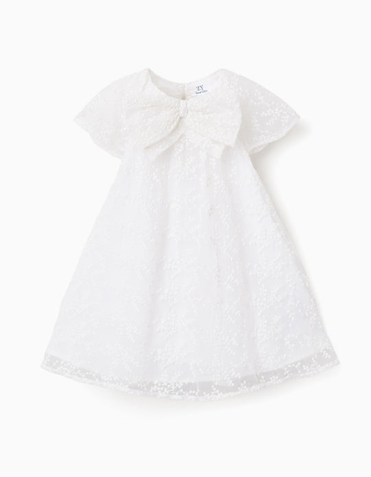 Dress with bow and ruffled cape-style sleeves for baby girls, white