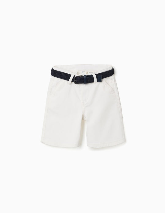 Twill Midi Shorts With Belt For Boys White