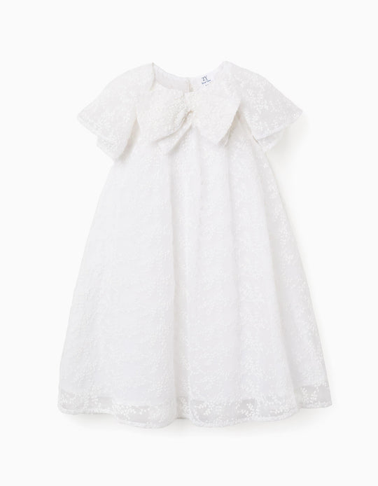 Dress with bow and ruffled cape-style sleeves for girls, white