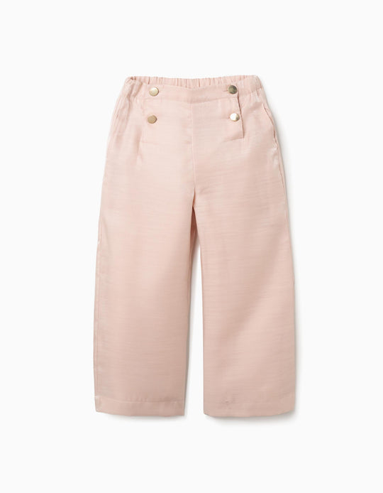 Wide leg acetate trousers with decorative buttons for girls, pink