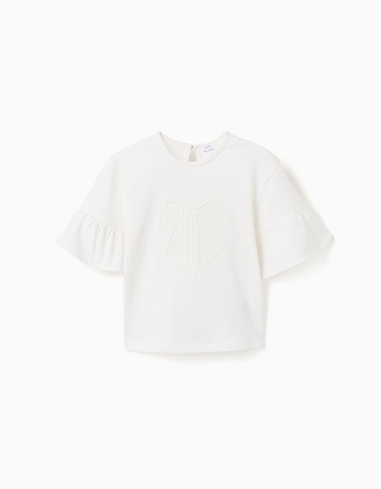 T-shirt with ruffles and embroidered bow for girls, white