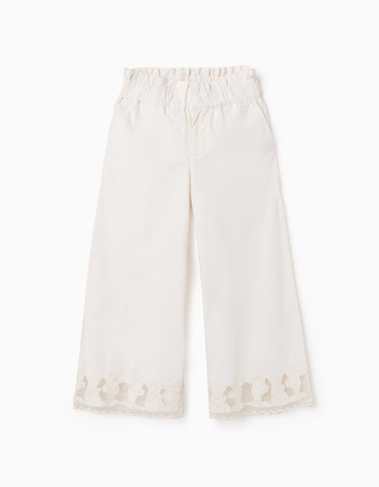 Wide leg cotton trousers with embroidered flowers for girls  white