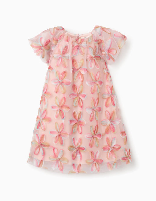 Short sleeve tulle dress with 3D flowers for girls, light pink