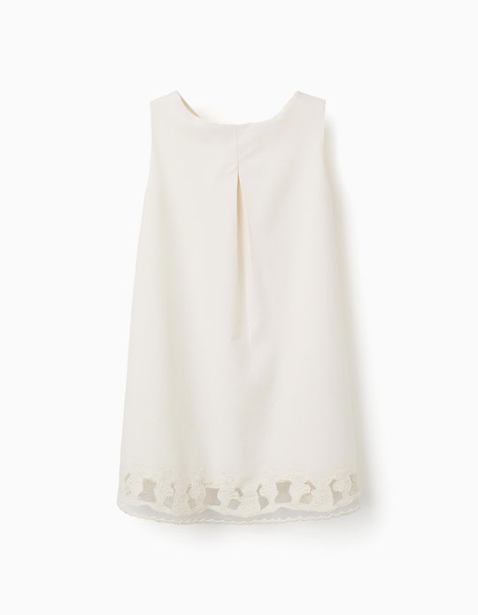 A-line sleeveless dress with embroidered flowers for girls, white