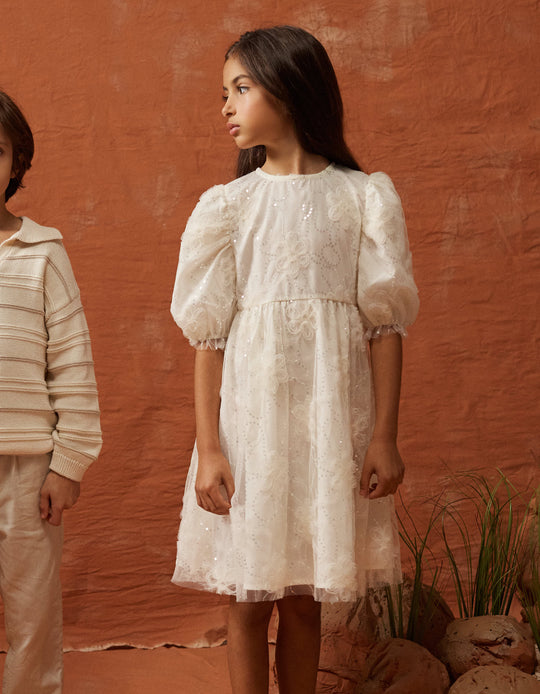 Dress with balloon sleeves and 3D flowers for girls  white