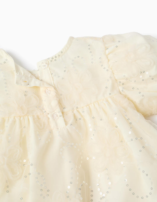 Dress with balloon sleeves and 3D flowers for baby girls  white