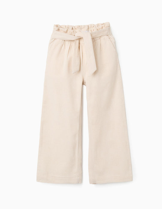 Wide leg dobby cotton trousers with belt for girls  light beige