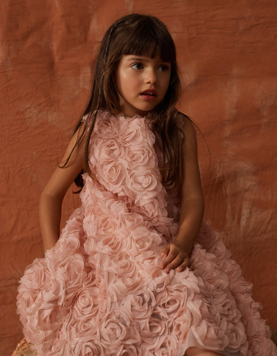 A-line sleeveless dress with roses for girls  pink