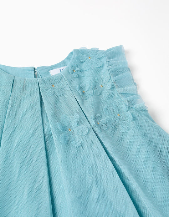 Sleeveless tulle dress with ruffles and flowers for baby girls  blue