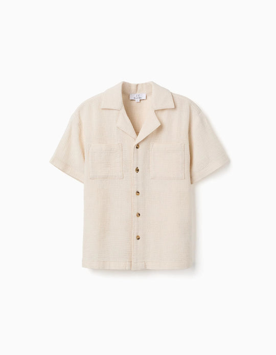 Cotton short sleeve shirt with chest pockets for boys, light beige