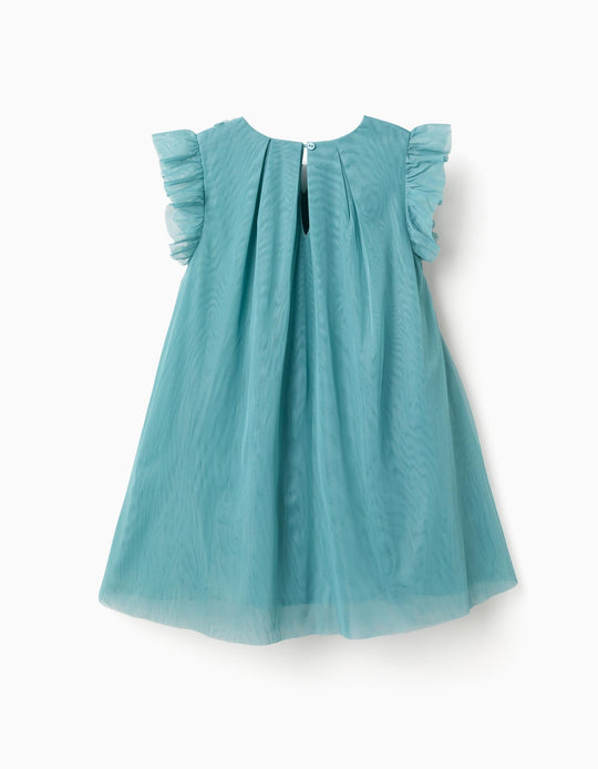 Sleeveless tulle dress with ruffles and flowers for girls  blue