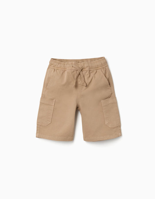 Long twill cargo shorts with drawstring for boys  beige