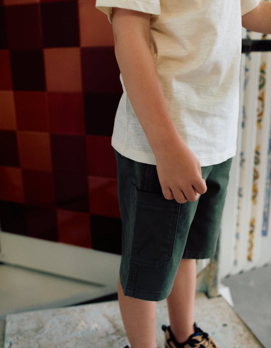 Long twill cargo shorts with drawstring for boys  dark green