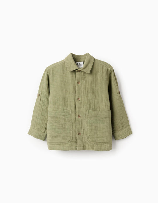 Long sleeve cotton bambula shirt with pockets for baby boys, dark green