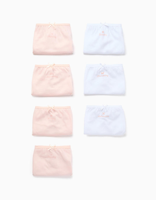 Pack Of 7 Cotton Briefs 'Days Of The Week' For Girls, White/Pink
