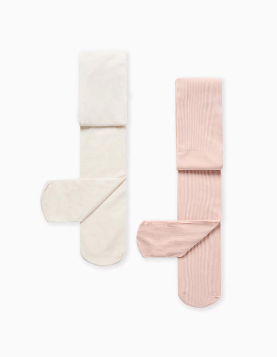 Pack of 2 microfibre tights for girls, white/light pink