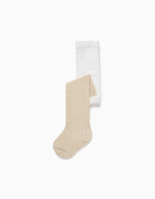 Ribbed tights with lurex threads for baby girls, white/golden
