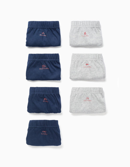 Pack Of 7 Cotton Briefs 'Days Of The Week' For Boys, Blue/Grey