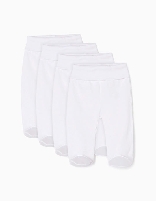 Pack 4 footed cotton trousers for newborns and babies, white