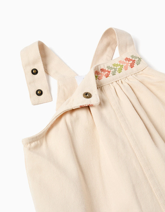 Twill pinafore dress with cross-stitch embroidery for baby girls  beige