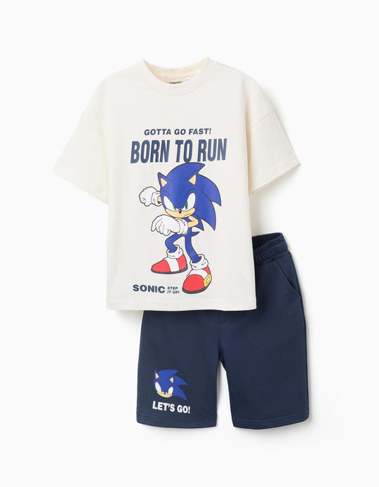 طقم تيشيرت قطني + شورت بطبعة Sonic للأولاد، أبيض/أزرق